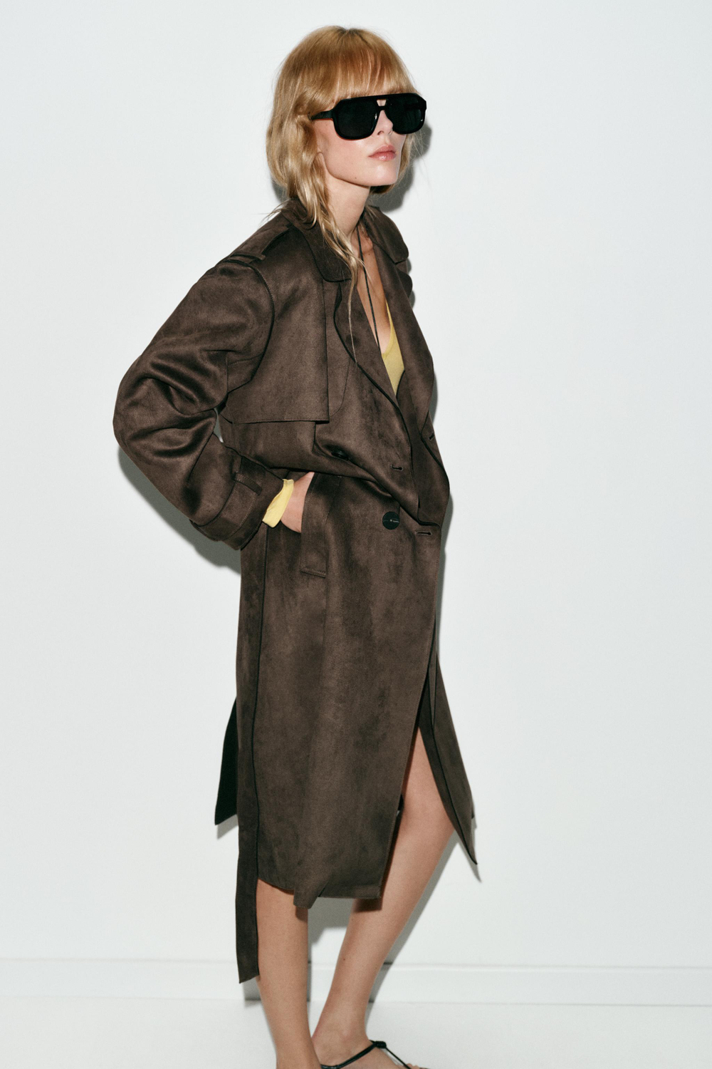 ZARA ДЛИННЫЙ ТРЕНЧ ИЗ ИСКУССТВЕННОЙ ЗАМШИ С ПОЯСОМ, СВЕТЛЫЙ ХАКИ