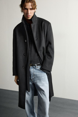 ZARA ПАЛЬТО RELAXED FIT С ВЫСОКИМ ВОРОТНИКОМ, ЧЕРНЫЙ