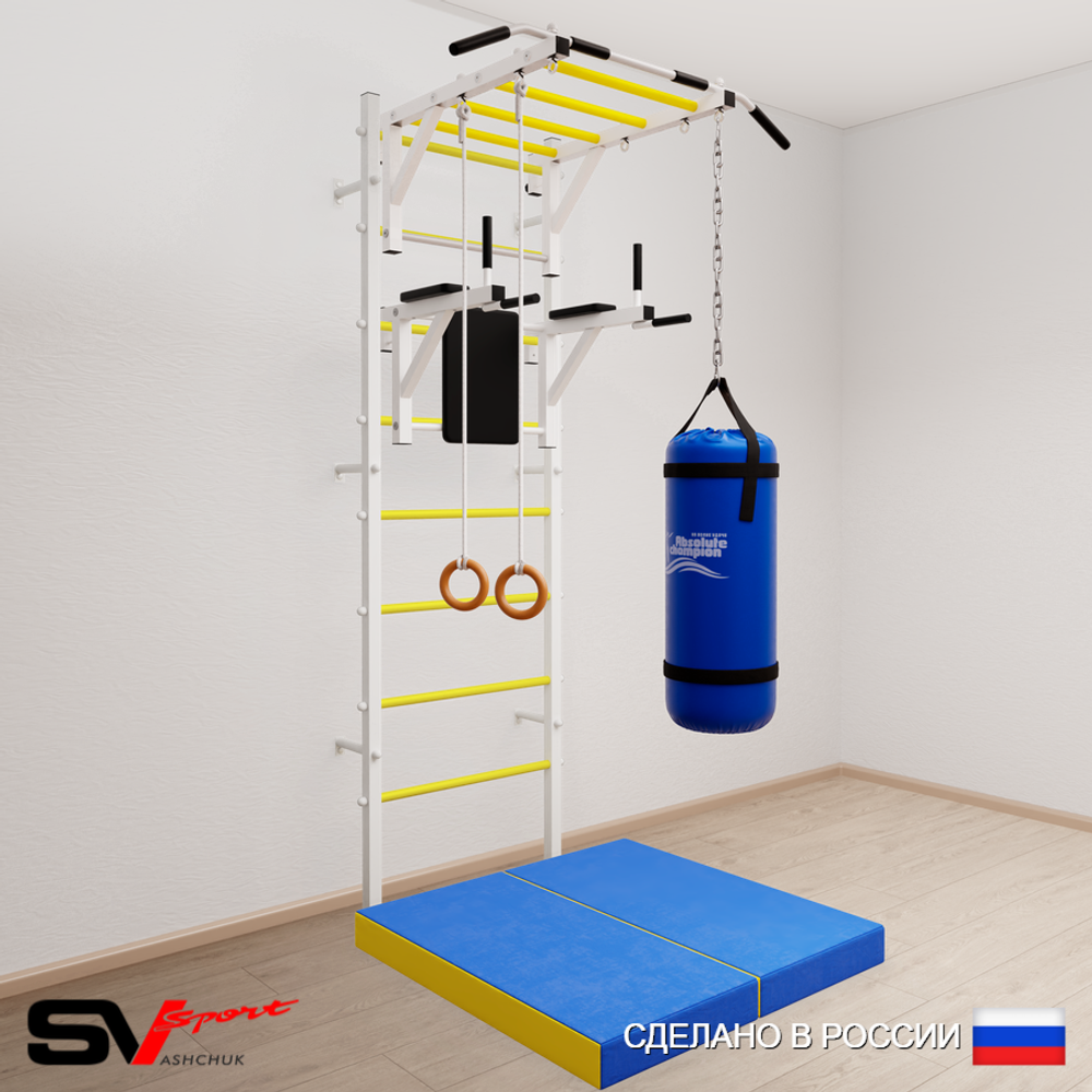 Шведская стенка Sv Sport усиленная 6416 (Турник рукоход/Брусья/Кольца/Цепь/Мешок 22кг/Мат 1м)