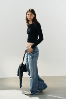 ZARA ХЛОПКОВАЯ ФУТБОЛКА С ДЛИННЫМИ РУКАВАМИ, ЧЕРНЫЙ