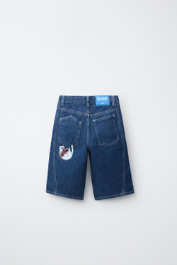 ZARA ДЖИНСОВЫЕ ШОРТЫ SKATER С ВЫШИВКОЙ RIPNDIP ©, СИНИЙ