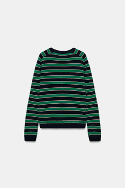 ZARA СВИТЕР В ПОЛОСКУ ИЗ 100% ШЕРСТИ, ЗЕЛЕНАЯ ПОЛОСА