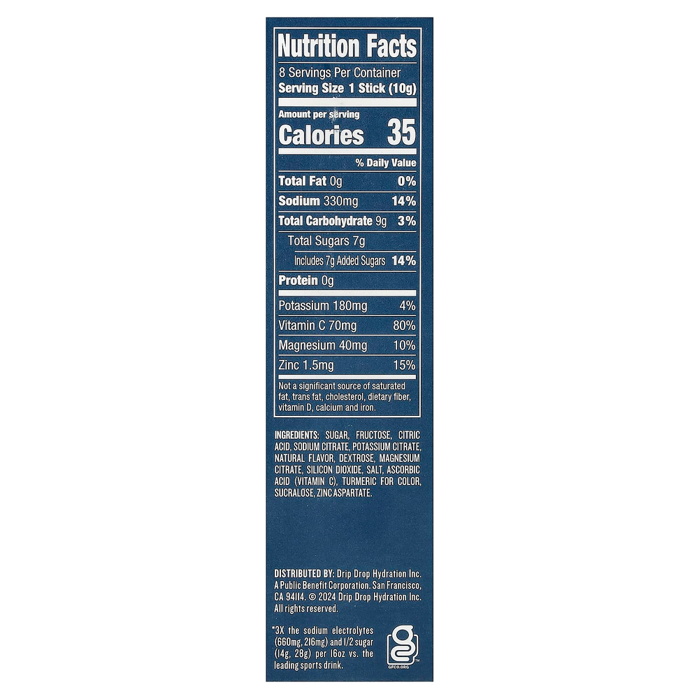 DripDrop, Electrolyte Drink Mix, Lemon Lime, 8 Sticks, 0.35 oz (10 g) Each
