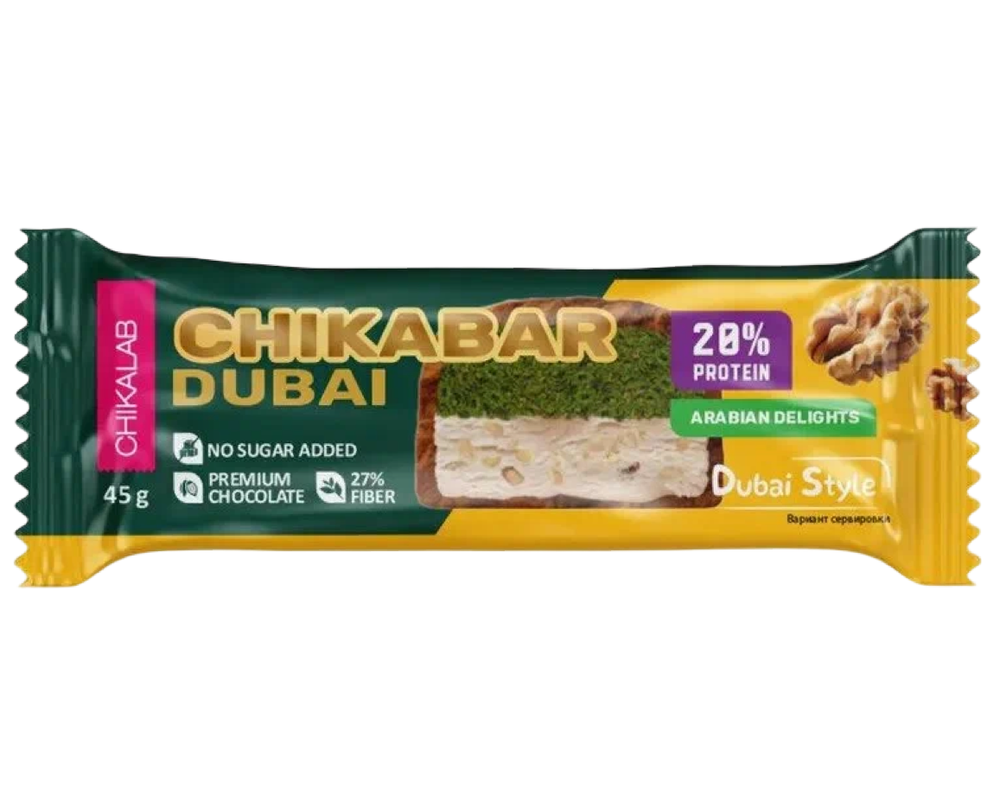 Батончик глаз.протеиновый CHIKABAR DUBAI Грецкий орех с фисташкой и хрустящим тестом 20% 45гр