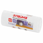 Мешки для мусора 60 л, белые, в рулоне 20 шт., ПНД 7 мкм, 58×68 см, LAIMA, 5 упаковок.