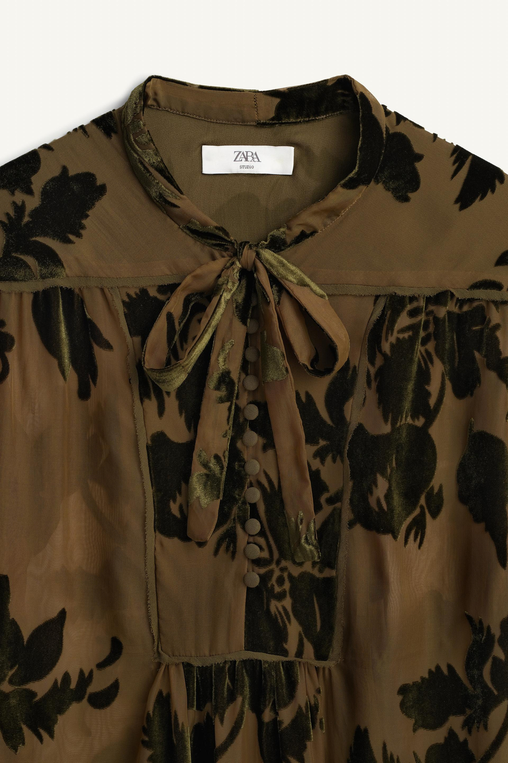 ZARA ПОЛУПРОЗРАЧНЫЙ ТОП С ЦВЕТОЧНЫМ ПРИНТОМ - LIMITED EDITION, ТЕМНО-ОЛИВКОВЫЙ