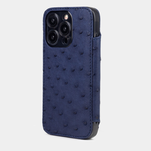 Чехол для iPhone 15 Pro из кожи страуса, синего цвета