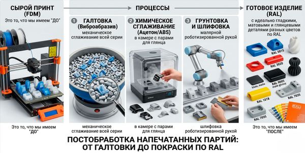 Постобработка напечатанных партий: от галтовки до покраски Постобработка напечатанных партий: от галтовки до покраски