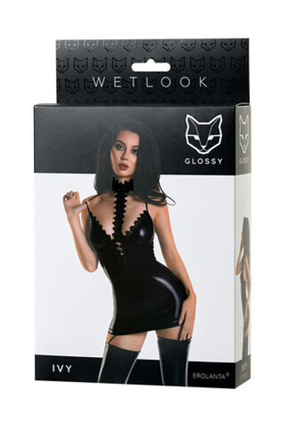Платье с кружевным чокером и подвязками для чулок Glossy Ivy из материала Wetlook L (Цвет: черный)