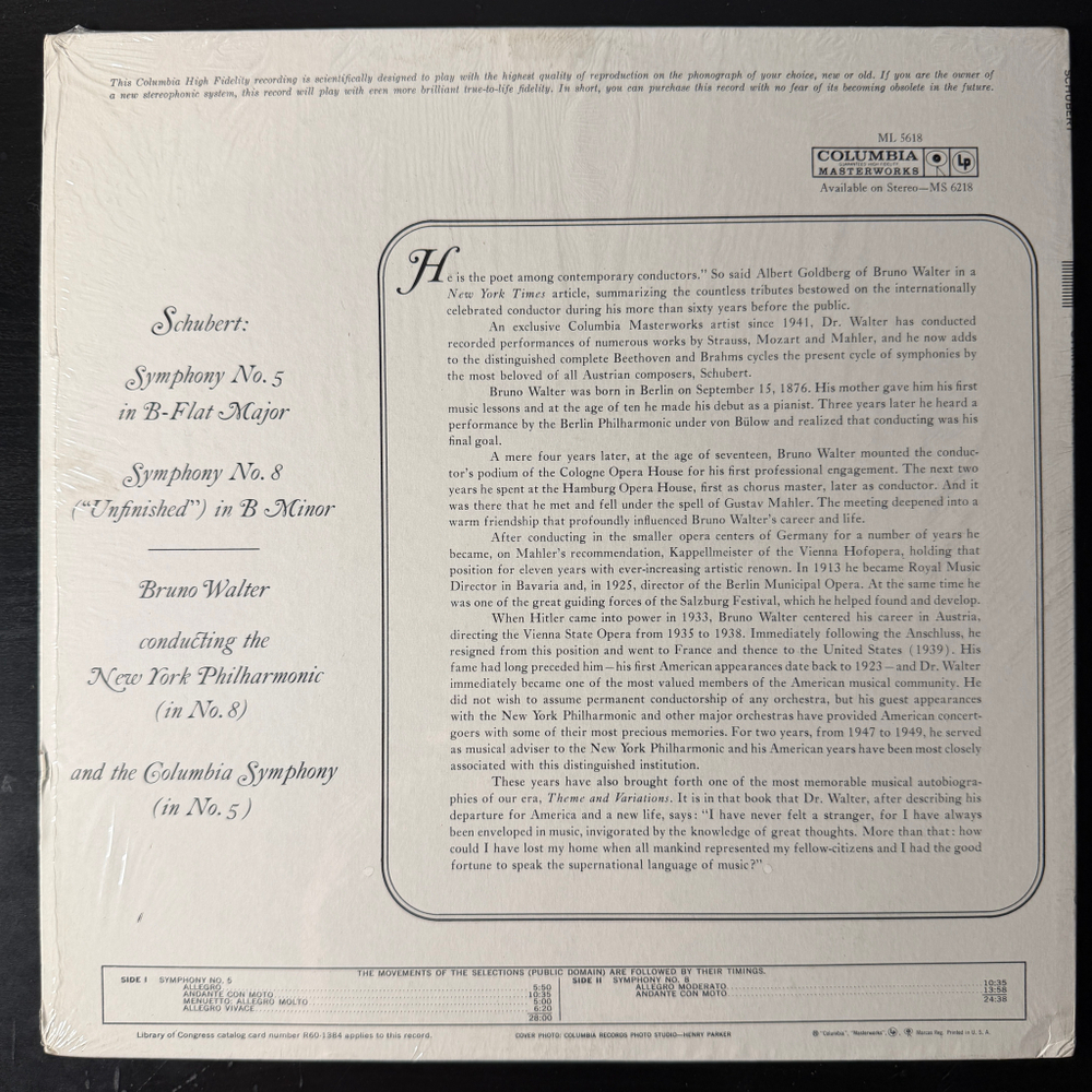 Шуберт - Симфония № 8 "Неоконченная" / Симфония № 5 (США 1961г.)Т