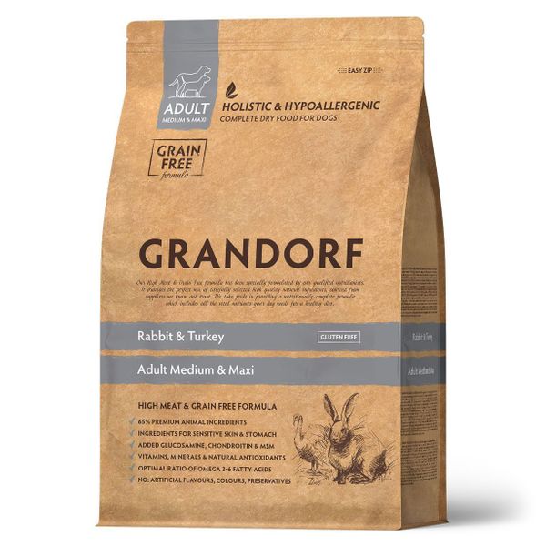 Сухой корм Grandorf DOG Rabbit&Turkey MED&MAXI для взрослых собак средних и крупных пород, кролик с индейкой