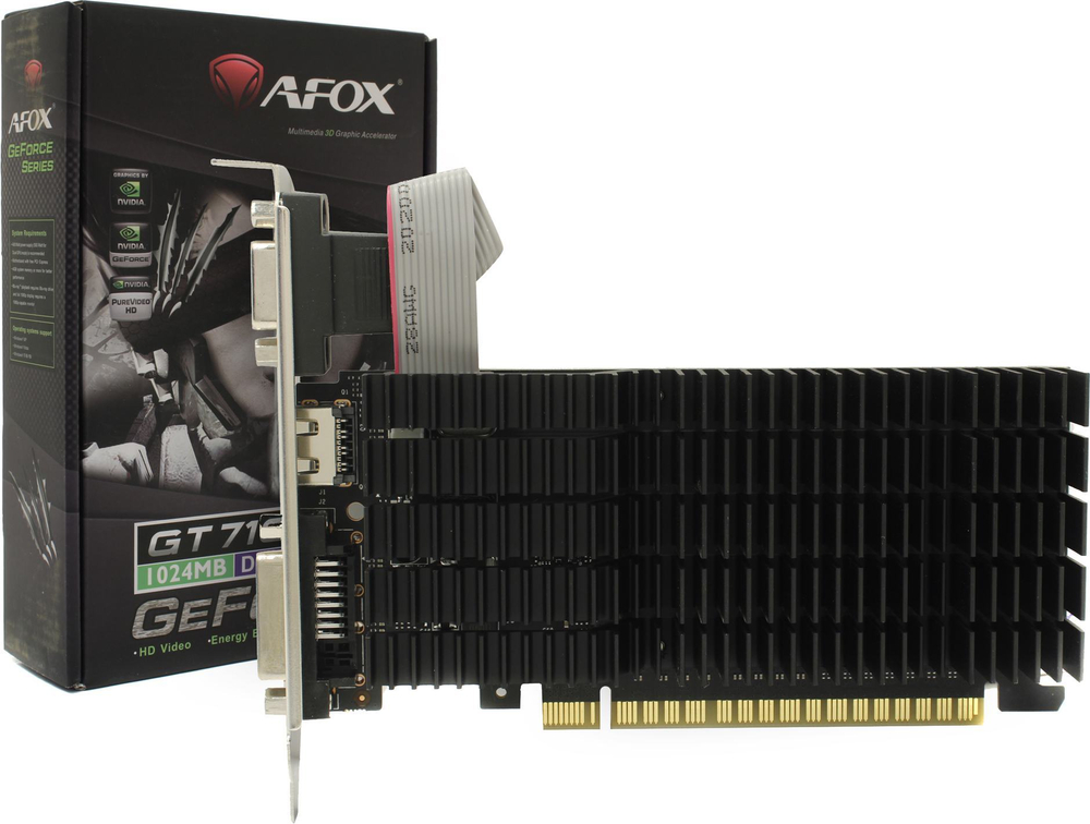 Видеокарта AFOX NVIDIA GeForce GT710, 1Гб GDDR3, 64 бита, LP, Retail, PCIe2.0, пассивная, 1-SLOT, 19Вт, VGA, HDMI, DVI (AF710-1024D3L5-V4)