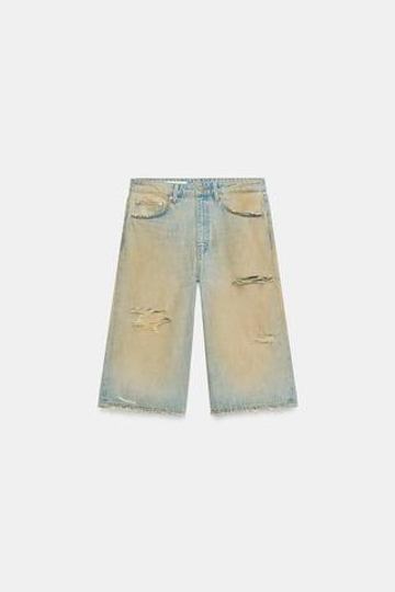 ZARA ДЖИНСОВЫЕ ШОРТЫ TRF BAGGY С РАЗРЕЗАМИ, ЛИНЯЛЫЙ СИНИЙ