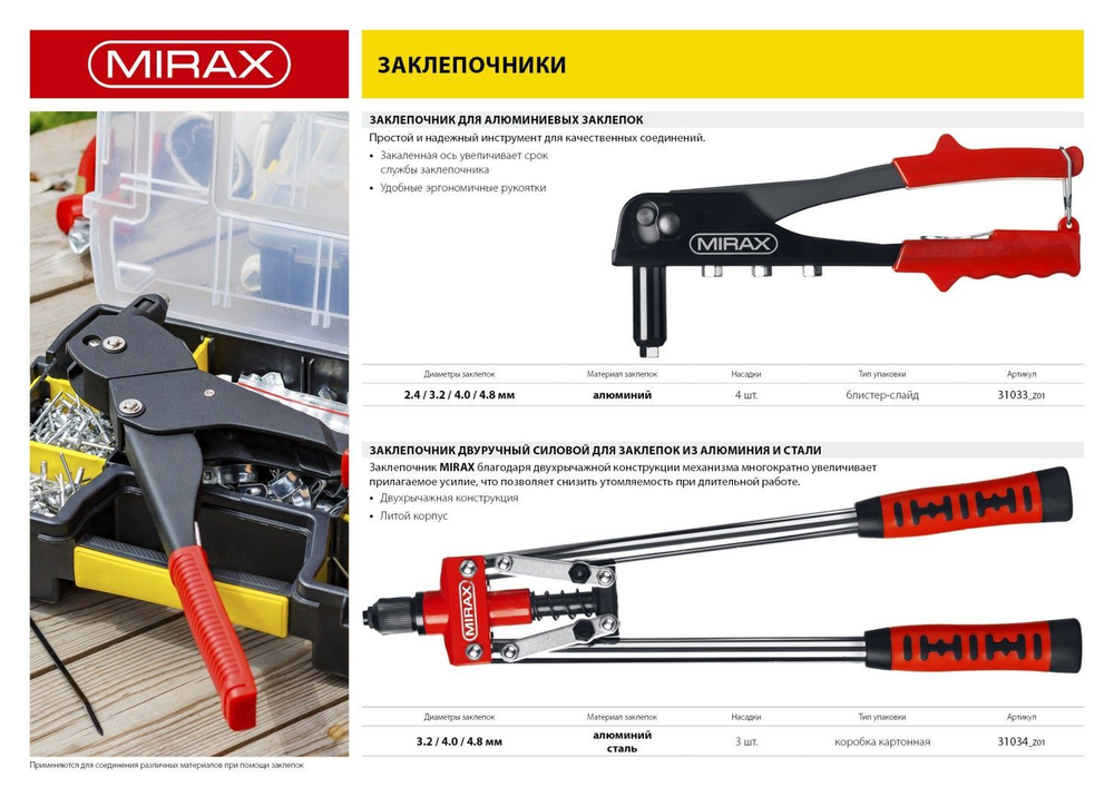 Заклёпочник ручной для заклепок из алюминия и стали MIRAX 3.2-4.8 мм, 420 мм/двуручный силовой