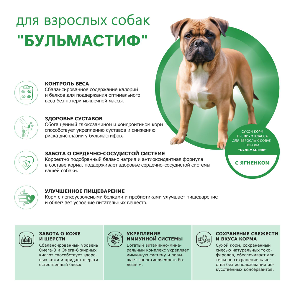 Корм сухой для взрослых собак породы Бульмастиф, с ягненком, 2.5 кг, QUATTRO
