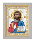 Спаситель, икона прямоугольная в рамке под стеклом, белый киот, эмаль 170х210