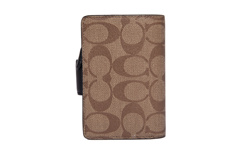 COACH Corner Zip Coated Canvas With Leather Wrist Bag Clutch Pochette Wallet Women"s Brown/Black
