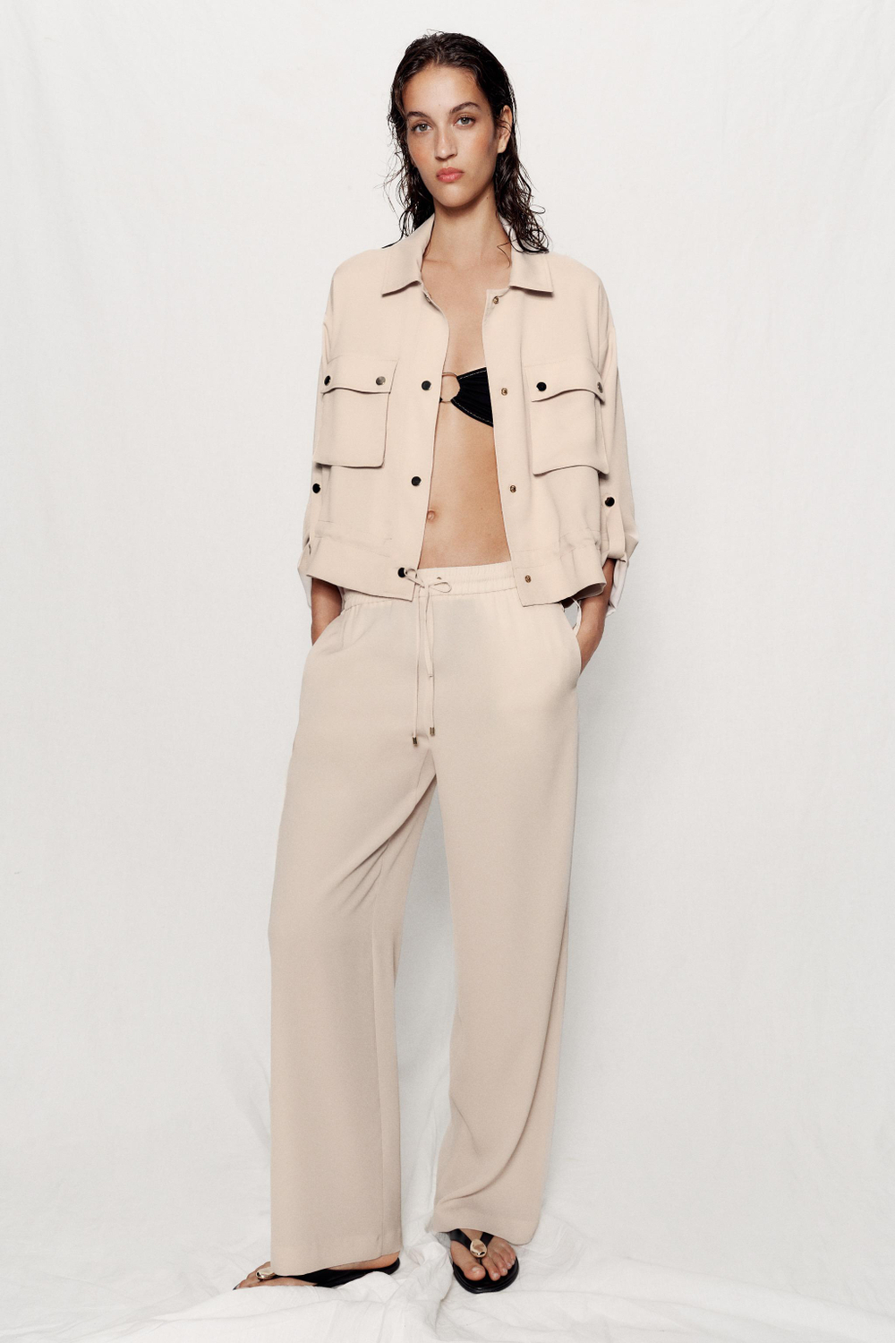 ZARA КУРТКА-САФАРИ С ПОДВЕРНУТЫМИ РУКАВАМИ, БЕЖЕВЫЙ
