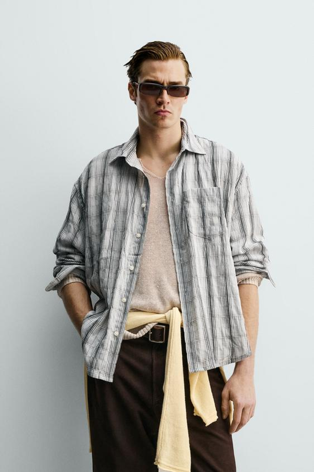 ZARA РУБАШКА RELAXED FIT В КЛЕТКУ, ЖЕМЧУЖНО-СЕРЫЙ