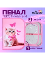 Пенал школьный для девочек 3 секции с котиком твердый