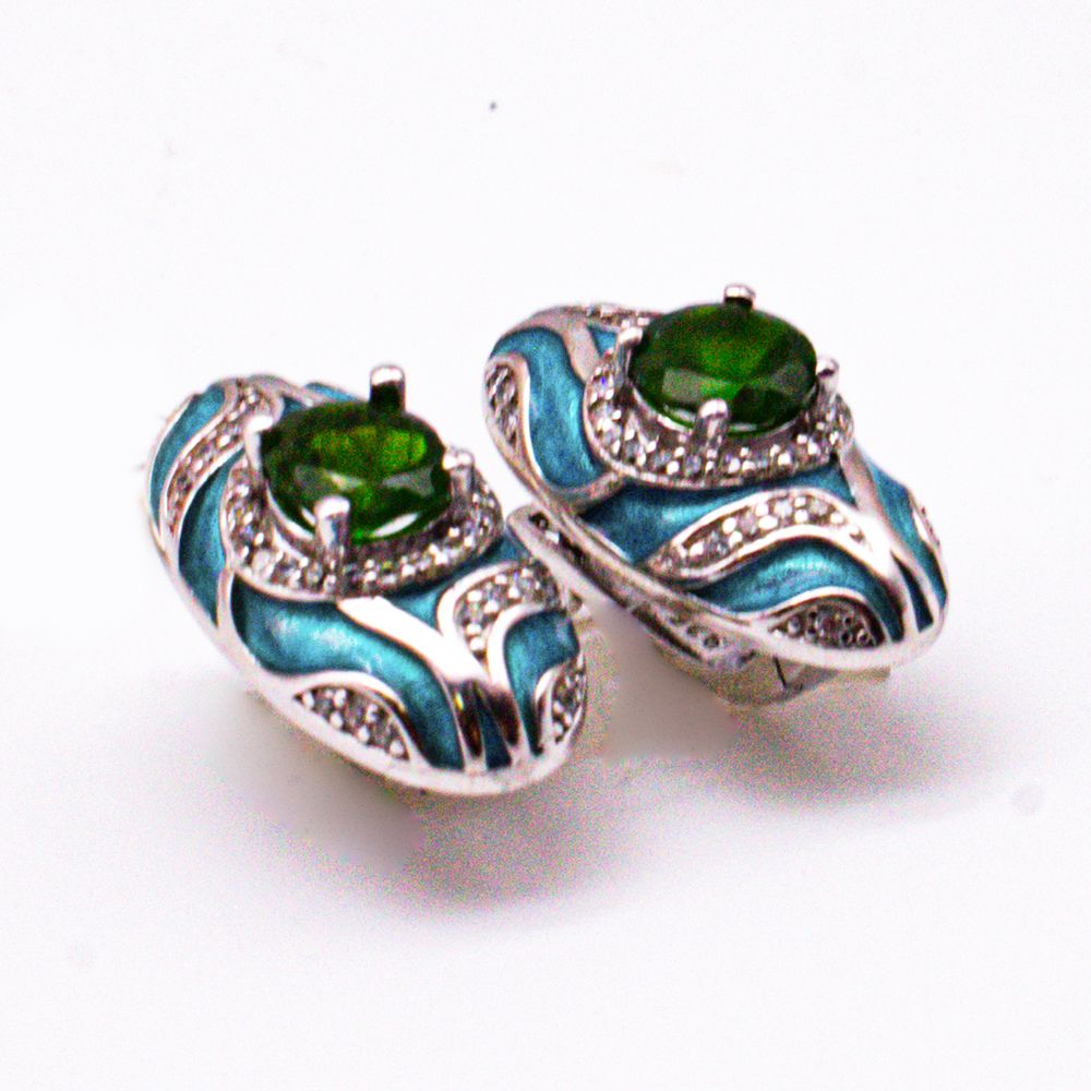 Серьги серебро 925° — Диопсид, Фианит, Эмаль