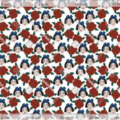 Девочка с бантом и розы на белом фоне. В розовом саду. Наивный детский дизайн. by Bychkova Evgeniia 345 DPI
