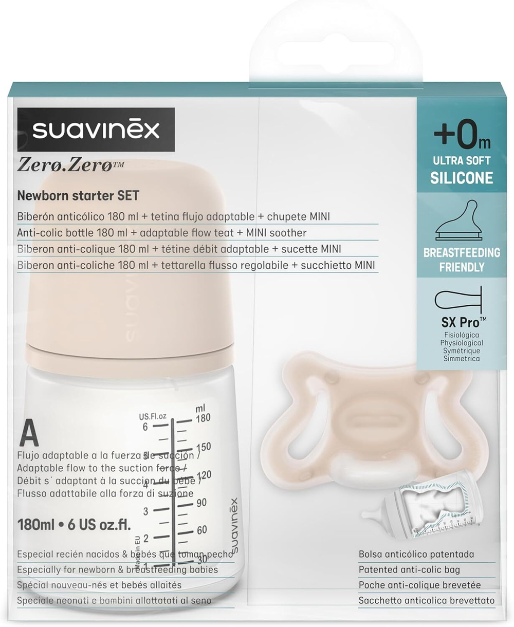 Набор Suavinex Zero.Zero: антиколиковая бутылочка для кормления 180 мл, силиконовая пустышка -2/2 мес