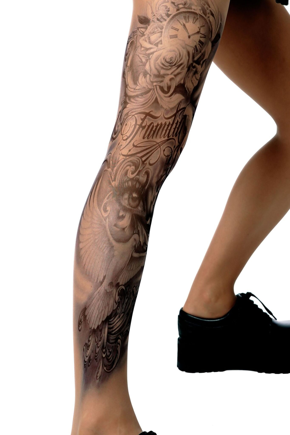 Женские +size колготки с имитацией татуировки на левой ножке (Размер: XL-XXL) (Цвет: бежевый)