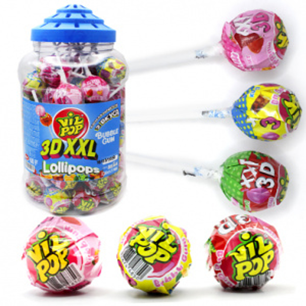 Карамель на палочке VIL POP 3D XXL клуб/персик/манго+жев.рез В БАНКЕ 30гр*60шт (6бл)