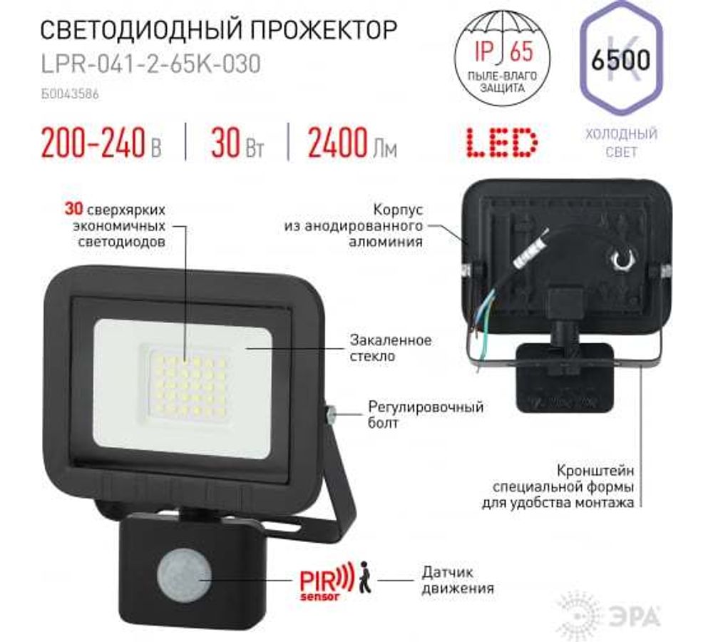 Прожектор светодиодный ЭРА 30Вт 6500К 2400Лм135x148x45 IP65 с датчиком движения, 976494