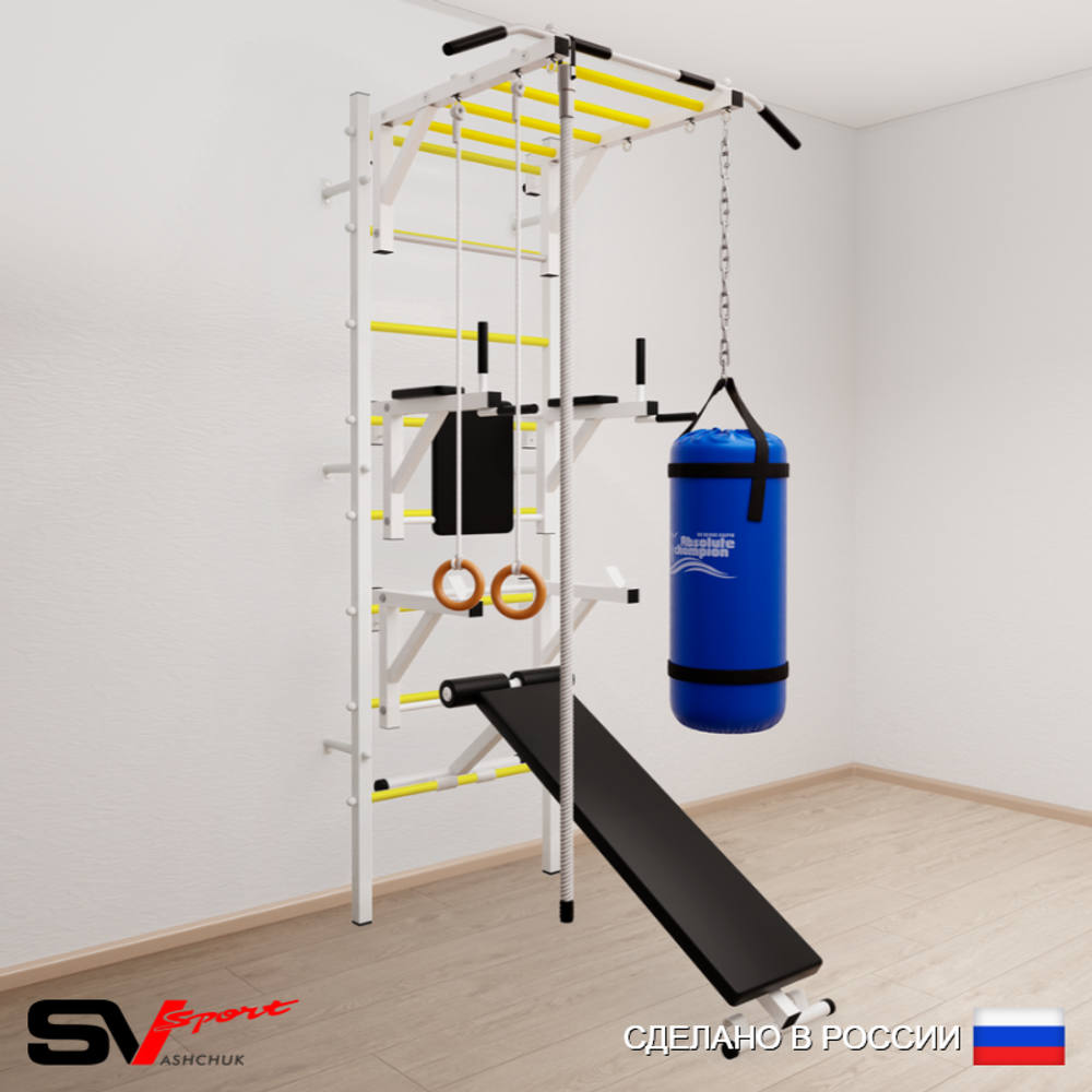 Шведская стенка Sv Sport усиленная 6643 (Турник рукоход/Брусья/Стойка/Скамья/Канат/Кольца/Цепь/Мешок 30кг)