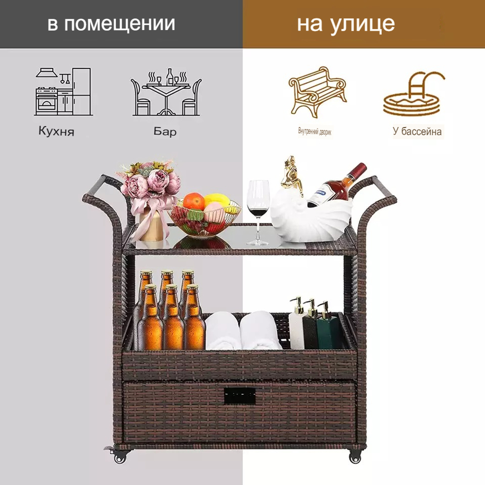 Сервировочный стол с баром из ротанга ВИНКЕЛВАГЕН «WINKELWAGEN»-brown