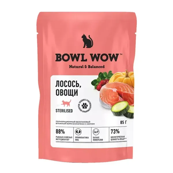 Пауч BOWL WOW для стерилизованных кошек с лососем с овощами, кусочки в соусе