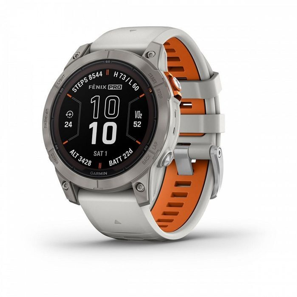 Garmin Fenix 7 Pro Sapphire Solar титановый серый с серо-оранжевым ремешком