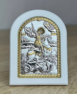Георгий Победоносец, икона арочная, белое дерево 60x75