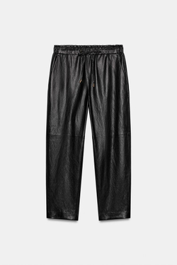 ZARA БРЮКИ ИЗ ИСКУССТВЕННОЙ КОЖИ С ЭЛАСТИЧНЫМ ПОЯСОМ, ЧЕРНЫЙ