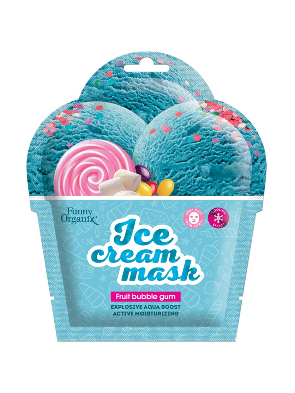 [FUNNY ORGANIX] Маска-мороженое для лица тканевая охлаждающая ФРУКТОВАЯ Fruit Bubble Gum Ice Cream Mask, 22гр