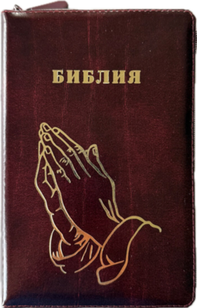 Библия 055z код 25055-26 "руки молящегося", кож. пер. на молнии, цвет корич. с бордо, 143*220 мм