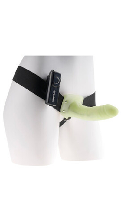 Светящийся в темноте фаллопротез с вибрацией Vibrating Hollow Strap On (Цвет: желтый (светится салатовым))
