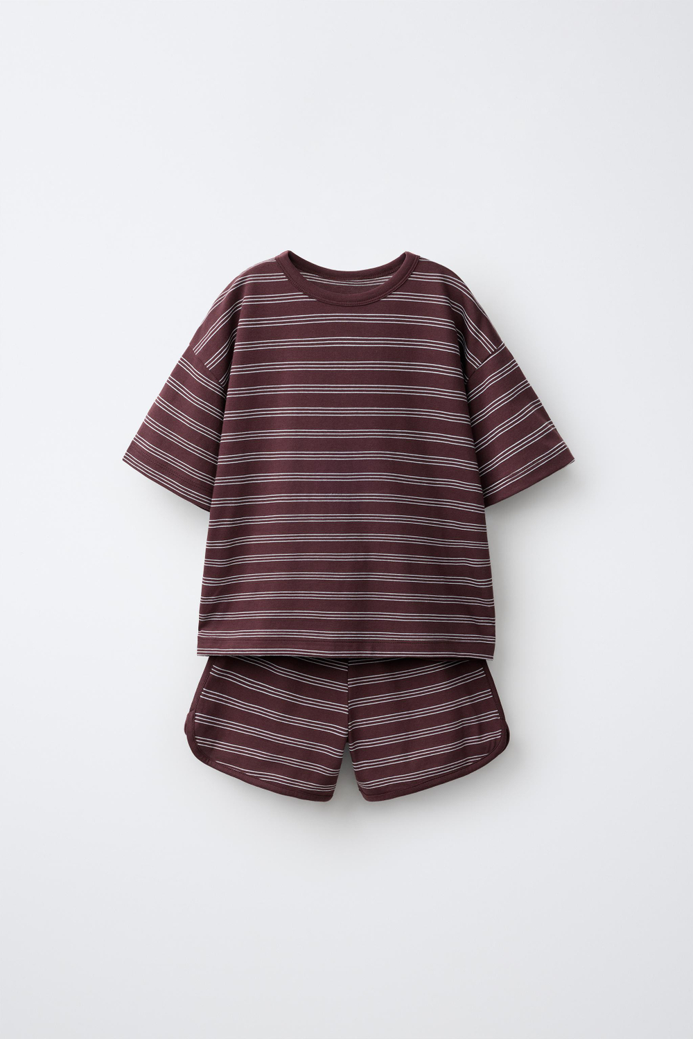 ZARA КОМПЛЕКТ ИЗ ФУТБОЛКИ И ШОРТОВ В ПОЛОСКУ, КОРИЧНЕВЫЙ