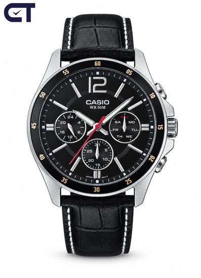 CASIO MTP-1374L-1A CASIO Collection / Enticer Men мужские наручные часы — чёрный циферблат, кожаный ремешок, день недели и 24-часовой индикатор