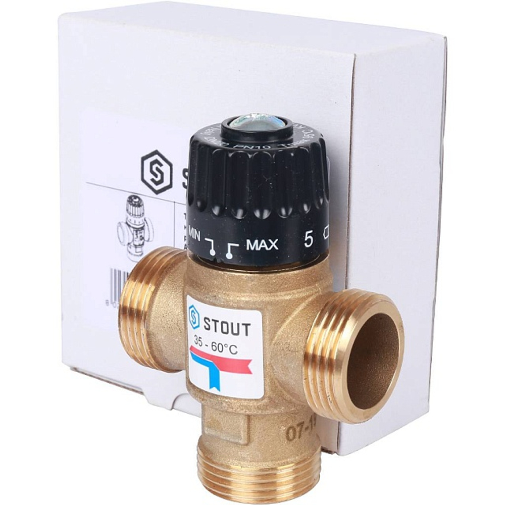 Клапан термостатический смесительный STOUT - 1" (НР, 35-60°C, Kvs 2.5, L-образное смешивание)