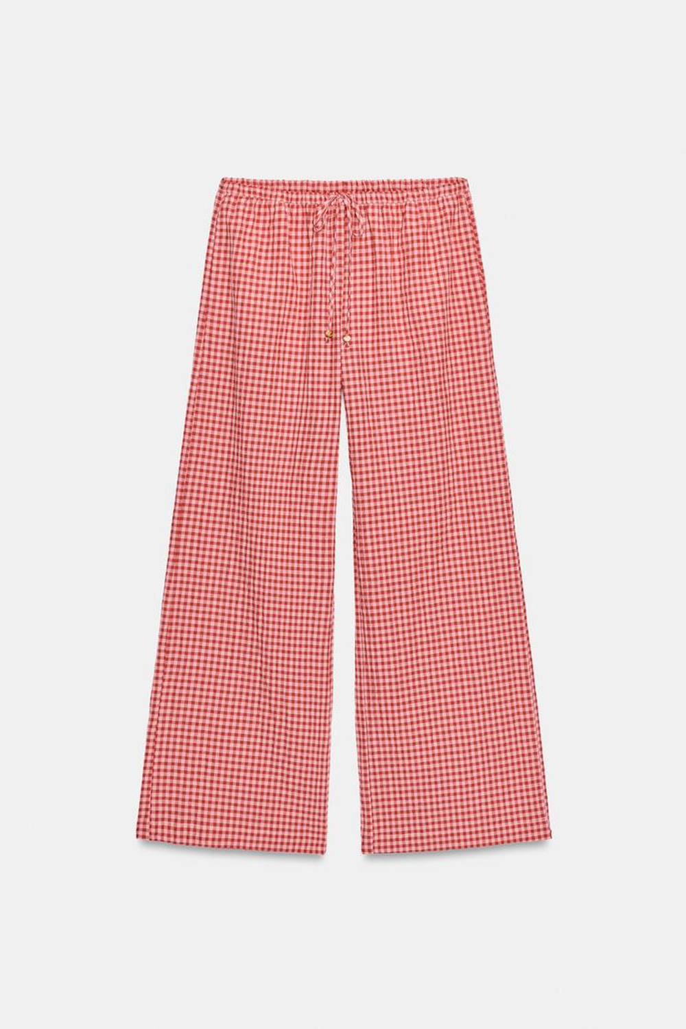 ZARA ШИРОКИЕ БРЮКИ В КЛЕТКУ ВИШИ, БЕЛЫЙ/КРАСНЫЙ