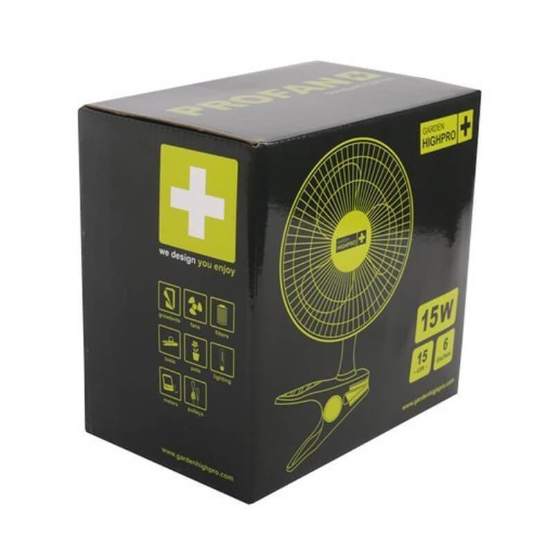 Упаковочная коробка вентилятора garden highpro clip fan с логотипом и иконками продукции