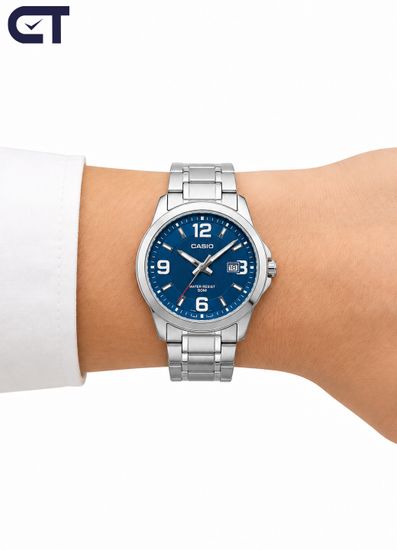 Casio MTP-1314D-2A Standard часы наручные мужские — модель с синим циферблатом и стальным браслетом
