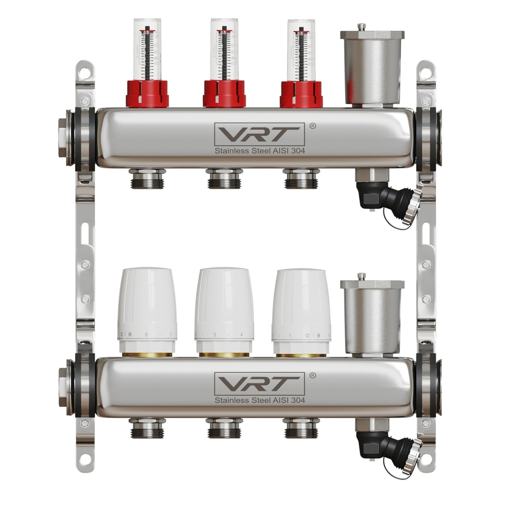 Коллекторная группа VRT® 1'' х 3/4'' (евроконус)  3 вых, авт в/отвод, c расходомерами