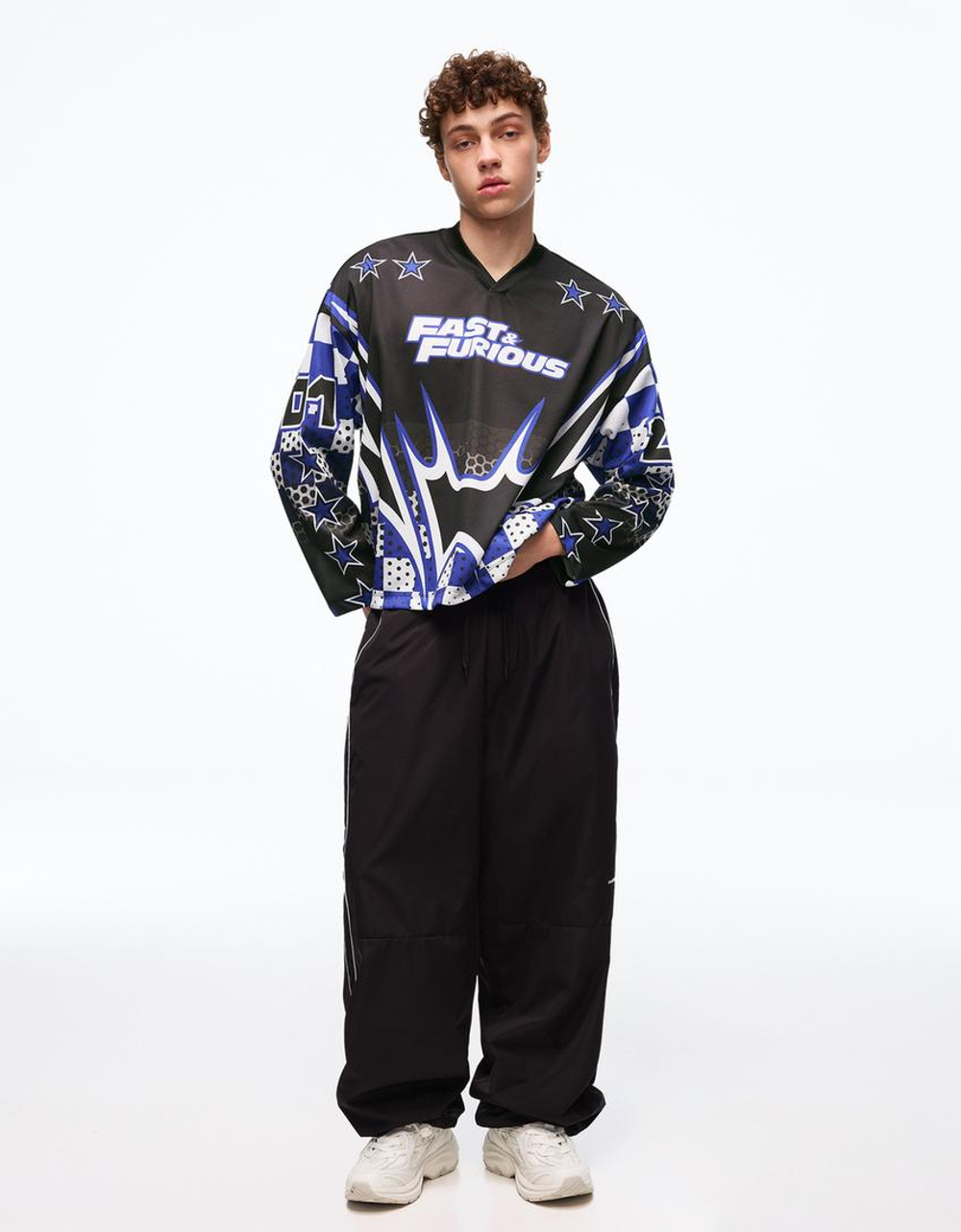 BERSHKA Футболка с длинным рукавом «Fast & Furious», черный