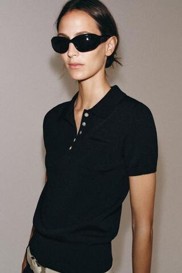 ZARA ТРИКОТАЖНОЕ ПОЛО С КОРОТКИМИ РУКАВАМИ, ЧЕРНЫЙ