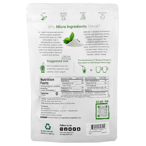 Micro Ingredients, органический экстракт стевии, 227 г (8 унций)