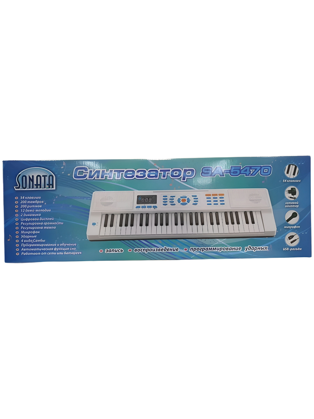 Синтезатор SONATA чёрный с микрофоном, 54 клавиши, 16 тембров, 100 ритмов, для начинающих, на батарейках